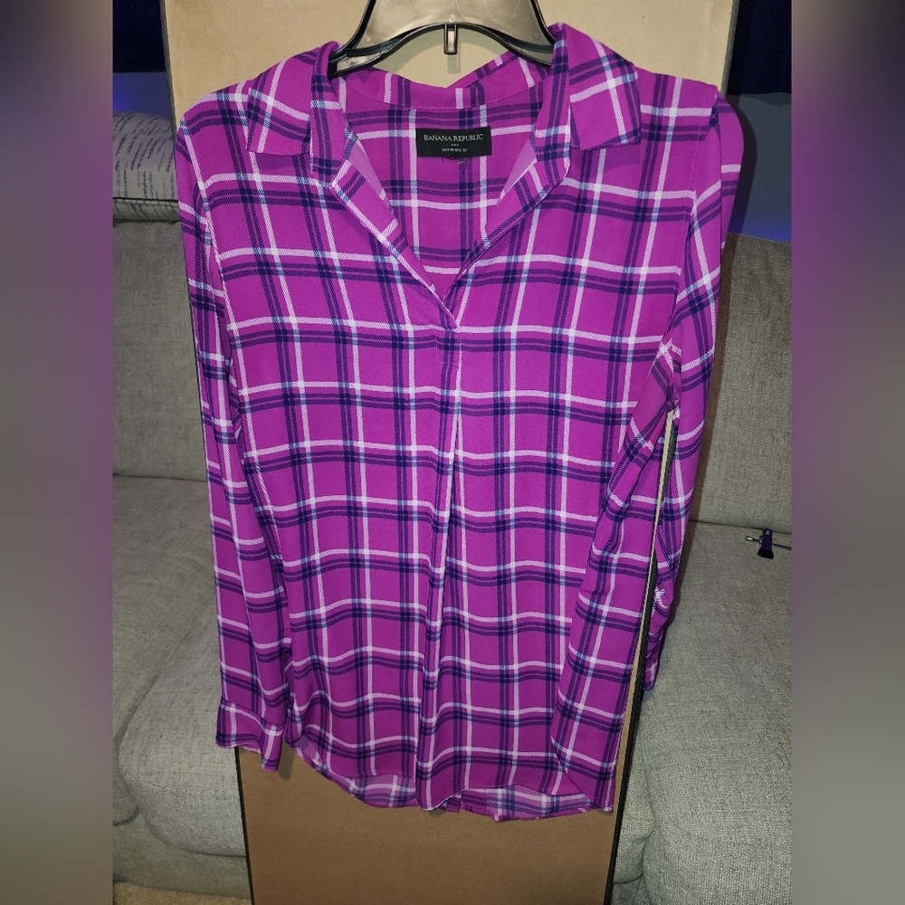 Banana Republic Plaid Long Sleeve Boyfriend Fit Blouse Pullover Sheer Buttons